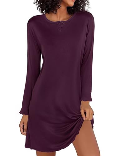 Demegimi Damen Nachthemd Rundhals Sleepshirt Langarm Winter Nachtwäsche Rundhals Streifen Schlafhemd S-XXL von Demegimi