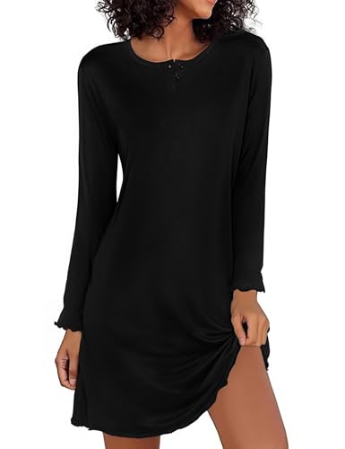 Demegimi Damen Nachthemd Rundhals Sleepshirt Langarm Winter Nachtwäsche Rundhals Streifen Schlafhemd S-XXL von Demegimi