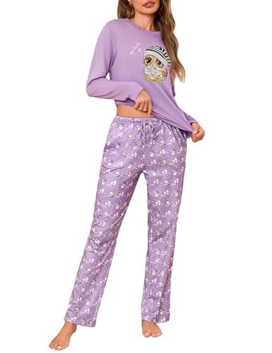 Demegimi Damen Schlafanzug Lang Baumwolle Pyjama Zweiteiler mit Eule Langarm Nachtwäsche Schlafanzug Damen für Herbst und Winter,Violet,M von Demegimi