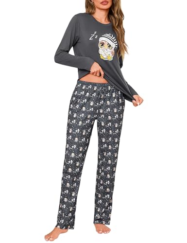 Demegimi Damen Schlafanzug Lang Baumwolle Pyjama Zweiteiler mit Eule Langarm Nachtwäsche Schlafanzug Damen für Herbst und Winter von Demegimi