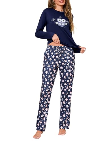 Demegimi Damen Schlafanzug Lang Pyjama Baumwolle Winter Nachtwäsche Rundhals Schlafanzüge Schneeflocken Loungewear Sleepwear Hausanzug von Demegimi