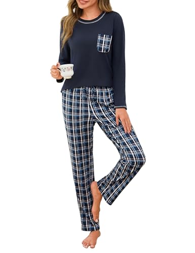 Demegimi Damen Schlafanzug Lang Zweiteilige Schlafanzüge Winter Pyjama Set Rundhals Karierte Pyjamaset von Demegimi