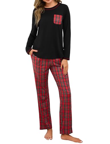 Demegimi Damen Schlafanzug Lang Zweiteilige Schlafanzüge Winter Pyjama Set Rundhals Karierte Pyjamaset von Demegimi