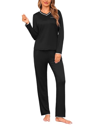 Demegimi Damen Schlafanzug Lang Zweiteiliger Pyjama Set Schlafanzug Winter Langarm Pyjamas V-Ausschnitt Demegimi Damen Schlafanzug Lang Zweiteiliger Pyjama Set Schlafanzug Winter Langarm Pyjamas V-Ausschnitt von Demegimi