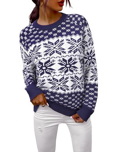 Demegimi Damen Weihnachtspullover Rundhalsausschnitt Christmas Pullover Warm Strickpullover Schneeflocken Winter Pullis für Frauen Sweatshirt Langarm von Demegimi