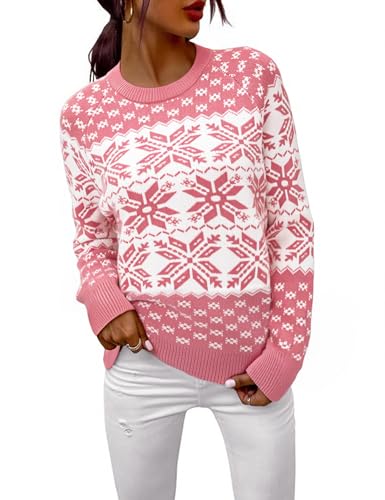 Demegimi Damen Weihnachtspullover Rundhalsausschnitt Christmas Pullover Warm Strickpullover Schneeflocken Winter Pullis für Frauen Sweatshirt Langarm von Demegimi