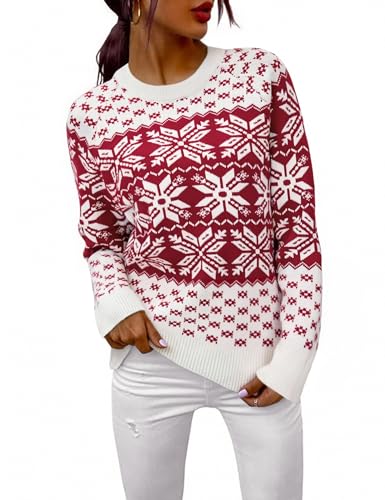Demegimi Damen Weihnachtspullover Weiß Norweger Pullover Weihnachtspulli Lustiger Hässlicher Pullover für Damen Ugly Christmas Sweater von Demegimi