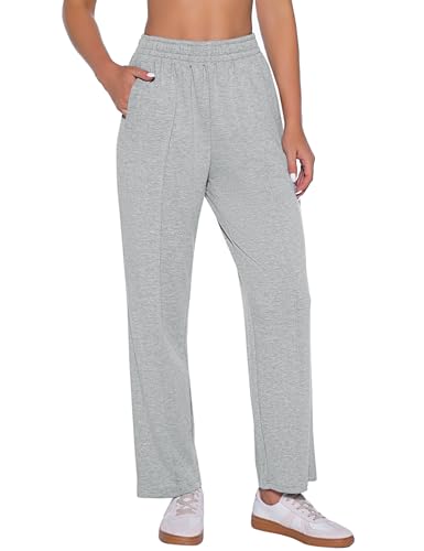 Demegimi Graue Jogginghose Damen Sporthose Lang Baumwolle Traininghose Winter Freizeithose Lockere Sweathose mit elastischem Bund und geradem Bein von Demegimi