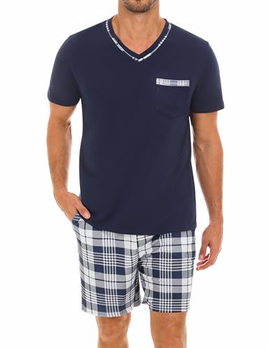 Demegimi Herren Pyjama Kurz Baumwolle Sommer Schlafanzug Set V-Ausschnitt Hausanzug T-Shirt und Karierter Schlafhose,Blau,L von Demegimi