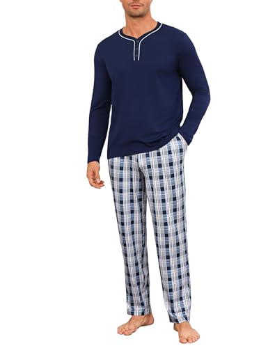 Demegimi Herren Pyjama Lang Baumwolle Schlafanzug Set mit Karierter Schlafhose Bequem für Zuhause im Herbst und Winter,Marineblau,M von Demegimi