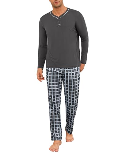 Demegimi Herren Pyjama Lang Baumwolle Schlafanzug Set mit Karierter Schlafhose für Herbst Winter Bequem für Zuhause,Pessimistisch,L von Demegimi