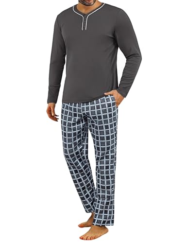 Demegimi Herren Pyjama Lang Baumwolle Schlafanzug Set mit Karierter Schlafhose für Herbst Winter Bequem für Zuhause,Pessimistisch,M von Demegimi
