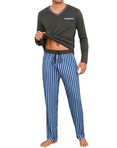 Demegimi Herren Pyjama Lang Streifen Schlafanzüge für Herren Baumwolle lang Langarm Shirt gestreifte Pyjamahose mit Tasche,Grau,L von Demegimi