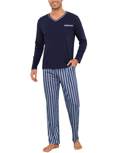 Demegimi Herren Pyjama Lang Streifen Schlafanzüge für Herren Baumwolle lang Langarm Shirt gestreifte Pyjamahose mit Tasche,Marineblau,3XL von Demegimi