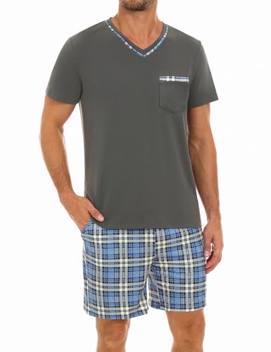 Demegimi Herren Schlafanzug Kurz Baumwolle Sommer Pyjama Set V-Ausschnitt Hausanzug T-Shirt und Karierter Schlafhose,Grau,L von Demegimi