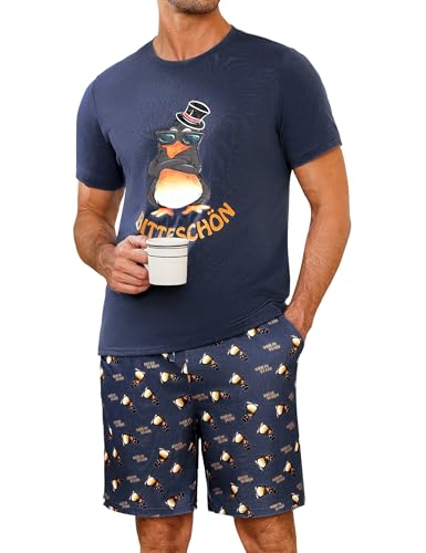 Demegimi Schlafanzug Herren Kurz Lustig Kurzer Pyjama Set Baumwolle Shorty Nachtwäsche mit Pinguin-Druckdesign T-Shirt und Schlafanzughose für Männer von Demegimi