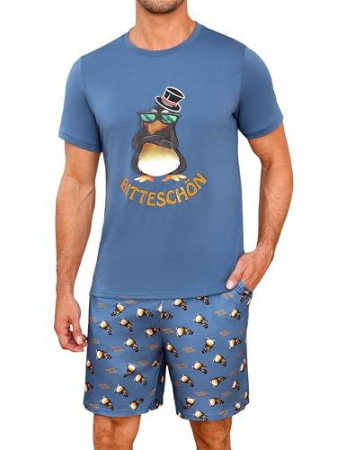 Demegimi Schlafanzug Herren Kurz Lustig Kurzer Pyjama Set Baumwolle Shorty Nachtwäsche mit Pinguin-Druckdesign T-Shirt und Schlafanzughose für Männer von Demegimi