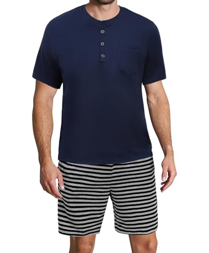 Demegimi Herren Schlafanzug Kurz Pyjama Baumwolle Sommer Kurzarm T-Shirt Rundhals Nachtwäsche Streifen von Demegimi