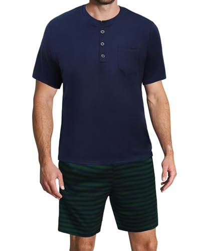 Demegimi Herren Schlafanzug Kurz Pyjama Baumwolle Sommer Kurzarm T-Shirt Rundhals Nachtwäsche Streifen von Demegimi