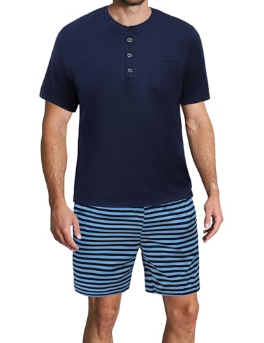 Demegimi Herren Schlafanzug Kurz Pyjama Baumwolle Sommer Kurzarm T-Shirt Rundhals Nachtwäsche Streifen von Demegimi