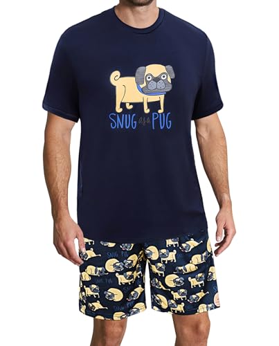 Demegimi Herren Schlafanzug Kurz Pyjama Baumwolle Sommer Nachtwäsche Lustiger Duckelhund T-Shirt und Schlafanzughose für Männer von Demegimi