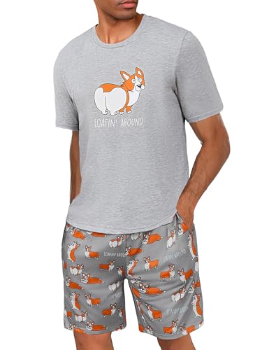 Demegimi Herren Schlafanzug Kurz Pyjama Baumwolle Sommer Nachtwäsche Lustiger Duckelhund T-Shirt und Schlafanzughose für Männer von Demegimi