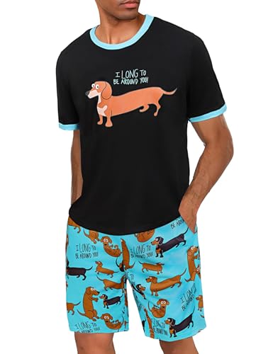 Demegimi Herren Schlafanzug Kurz Pyjama Baumwolle Sommer Nachtwäsche Lustiger Duckelhund T-Shirt und Schlafanzughose für Männer von Demegimi