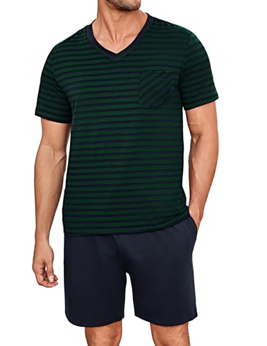 Demegimi Herren Schlafanzug Kurz Pyjama Baumwolle V-Ausschnitt Streifen Zweiteilige Sommer Pyjamas Set für Männer von Demegimi