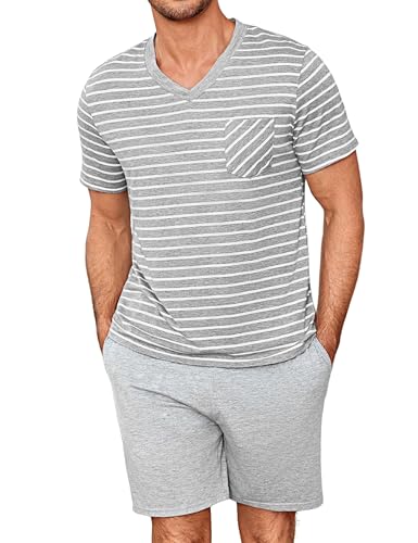 Demegimi Herren Schlafanzug Kurz Pyjama Baumwolle V-Ausschnitt Streifen Zweiteilige Sommer Pyjamas Set für Männer von Demegimi