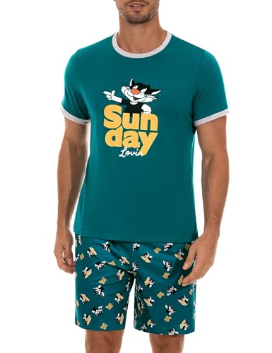 Demegimi Herren Schlafanzug Kurz Shorty Pyjama Baumwolle Lustige Katze T-Shirt Sommer Pyjama Set Loungewear für Männer von Demegimi
