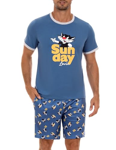 Demegimi Herren Schlafanzug Kurz Shorty Pyjama Baumwolle Lustige Katze T-Shirt Sommer Pyjama Set Loungewear für Männer von Demegimi