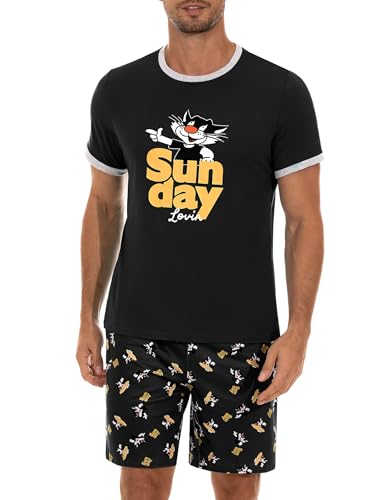 Demegimi Herren Schlafanzug Kurz Shorty Pyjama Baumwolle Lustige Katze T-Shirt Sommer Pyjama Set Loungewear für Männer von Demegimi