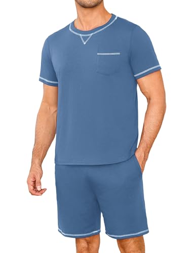 Demegimi Schlafanzug Herren Kurz Kurzer Pyjama Set Baumwolle Shorty Nachtwäsche T-Shirt und Schlafanzughose für Männer von Demegimi