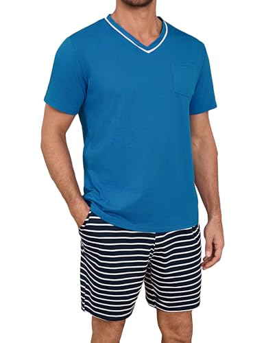 Demegimi Herren Schlafanzug Kurz Streifen Baumwolle Sommer Pyjama Nightwear Set Kurzarmshirt gestreifte Schlafanzughose für Männer von Demegimi