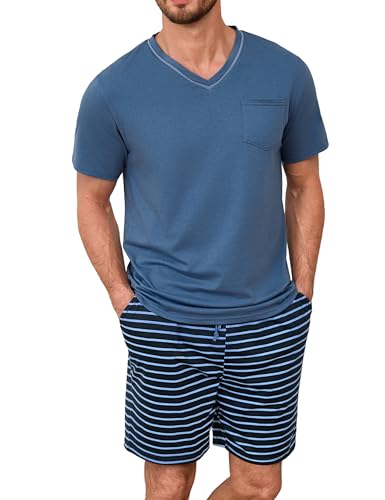 Demegimi Herren Schlafanzug Kurz Streifen Baumwolle Sommer Pyjama Nightwear Set Kurzarmshirt gestreifte Schlafanzughose für Männer von Demegimi