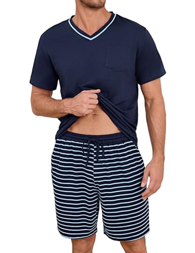 Demegimi Herren Schlafanzug Kurz Streifen Baumwolle Sommer Pyjama Nightwear Set Kurzarmshirt gestreifte Schlafanzughose für Männer von Demegimi