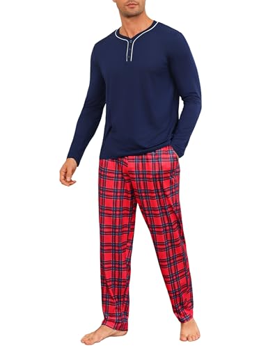 Demegimi Herren Schlafanzug Lang Baumwolle Pyjama Set mit Knopfleiste mit Karierter Schlafhose für den Winter,Marineblau,XXL von Demegimi
