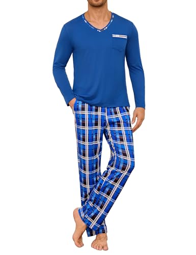 Demegimi Herren Schlafanzug Lang Baumwolle Pyjama Zweiteiler mit V-Ausschnitt & Karohose für Herbst und Winter,Blau,XXL von Demegimi