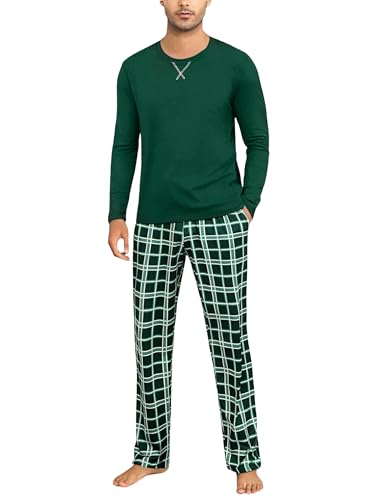 Demegimi Herren Schlafanzug Lang Baumwolle Schlafanzug Männer mit Rundhals und Karierte Pyjamahose Pyjama Herren Winter von Demegimi