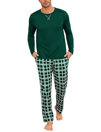 Demegimi Herren Schlafanzug Lang Baumwolle Schlafanzug Männer mit Rundhals und Karierte Pyjamahose Pyjama Herren Winter von Demegimi