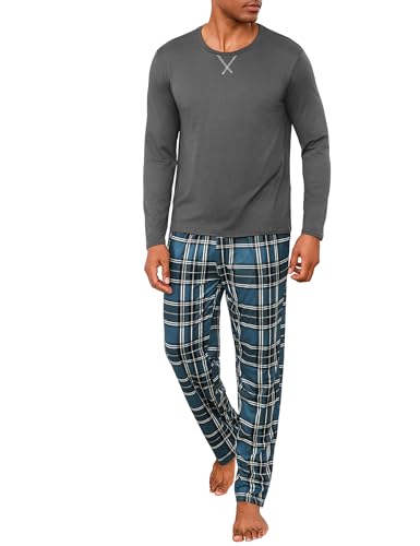 Demegimi Herren Schlafanzug Lang Baumwolle Schlafanzug Männer mit Rundhals und Karierte Pyjamahose Pyjama Herren Winter von Demegimi