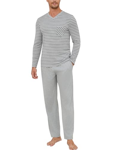 Demegimi Herren Schlafanzug Lang Pyjama Baumwolle Winter Hausanzug Zweiteilige Pyjamas mit Langarmshirt und Pyjamahose für Männer von Demegimi