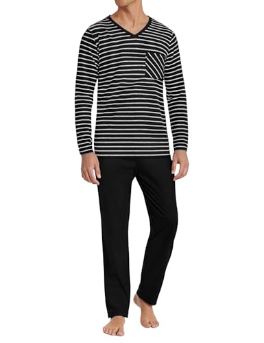 Demegimi Herren Schlafanzug Lang Pyjama Baumwolle Winter Hausanzug Zweiteilige Pyjamas mit Langarmshirt und Pyjamahose für Männer von Demegimi