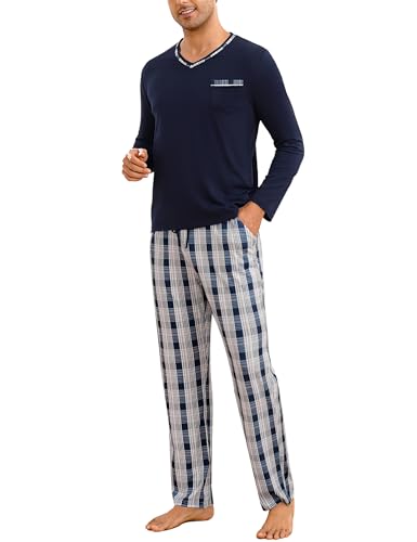 Demegimi Herren Schlafanzug Lang Pyjama Kariert Baumwolle V-Auschnitt Zweiteilige Pyjamas mit Langarm Shirt und Karierter Schlafanzughose,Marineblau,M von Demegimi