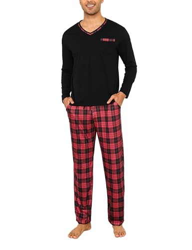 Demegimi Herren Schlafanzug Lang Pyjama Kariert Baumwolle V-Auschnitt Zweiteilige Pyjamas mit Langarm Shirt und Karierter Schlafanzughose,Schwarz,3XL von Demegimi
