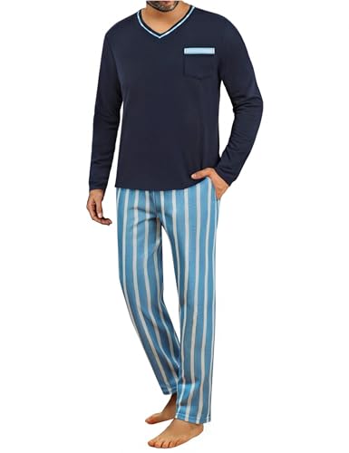 Demegimi Herren Schlafanzug Lang Streifen Baumwolle Winter Pyjama Nightwear Set Langarmshirt gestreifte Schlafanzughose für Männer,Himmelblau,M von Demegimi