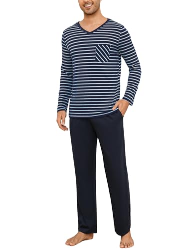 Demegimi Herren Schlafanzug Lang Baumwolle Winter Pyjama Langarmshirt und Pyjamahose Zweiteilig Set Nachtwäsche für Männer von Demegimi