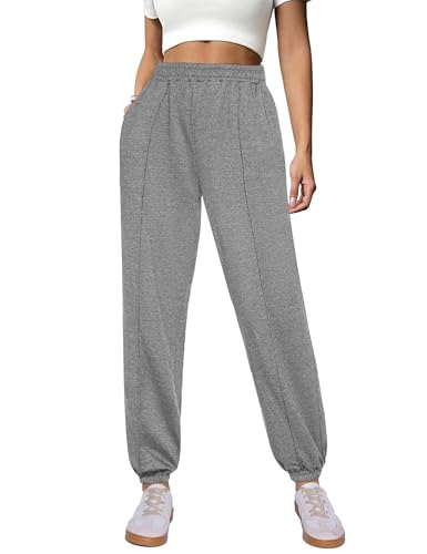 Demegimi Jogginghose Damen Lang Trainingshose Baumwolle Freizeithose Baggy Sporthose High Waist Sweathose mit Bündchen Grau von Demegimi