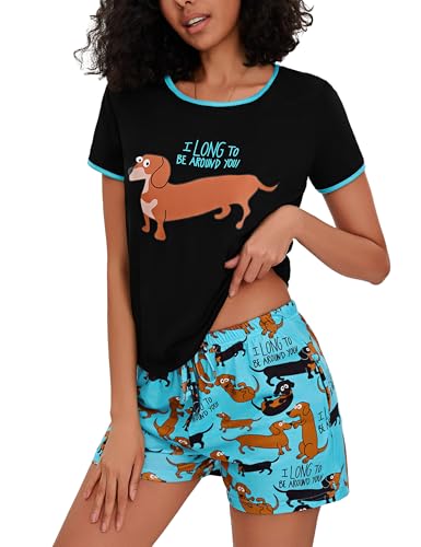 Demegimi Kurzer Schlafanzug Damen Baumwolle Sommer Lustig Shorty Pyjama Kurz Zweiteiliger Schlafanzug für Damen Pyjamaset S-XXL von Demegimi