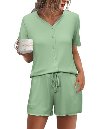 Demegimi Kurzer Schlafanzug Damen Baumwolle Sommer Shorty Pyjama Kurz Zweiteiliger Schlafanzug für Damen S-XXL von Demegimi